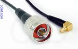 Coaxial Cable, N to SMB 90 degree (right angle) jack (male contact), RG174 low noise, 20 foot, 50 ohm